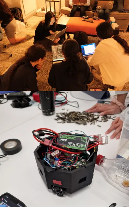 PacBot members working together above a close view of the robot's electronics